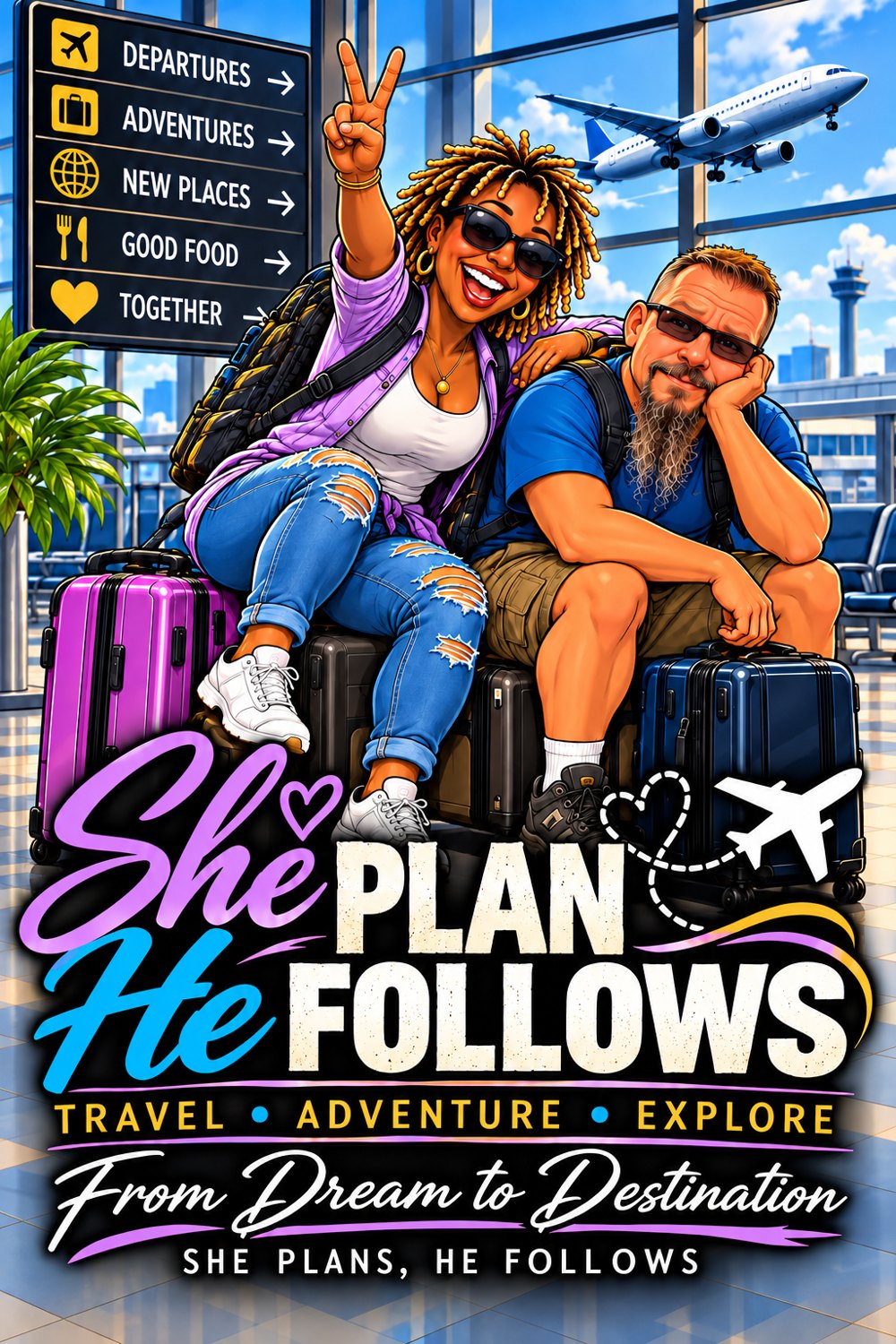 Cartoon of Denise and Gary waiting at the airport with their luggage