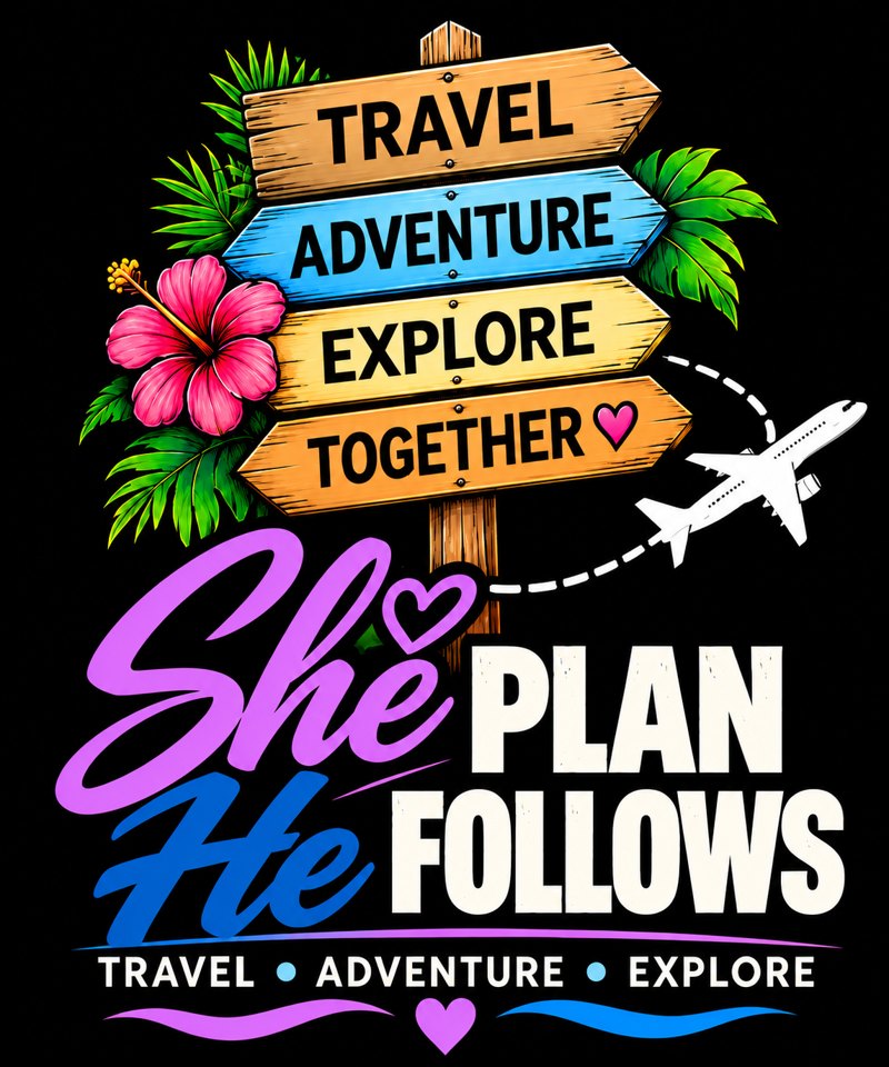 Signpost reading Travel, Adventure, Explore, Together with the She Plans, He Follows logo